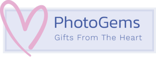 a blue and white sign that says photogems gifts from the heart
