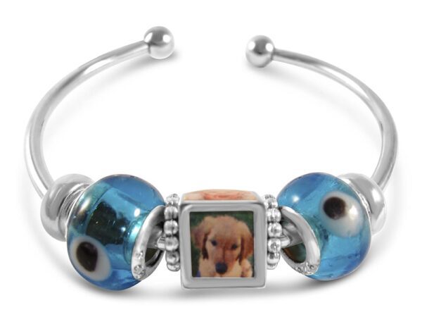 a blue bracelet with a dog on it